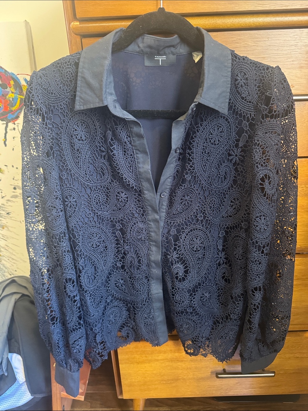 Tahari Navy Crochet Lace Button-Front Shirt